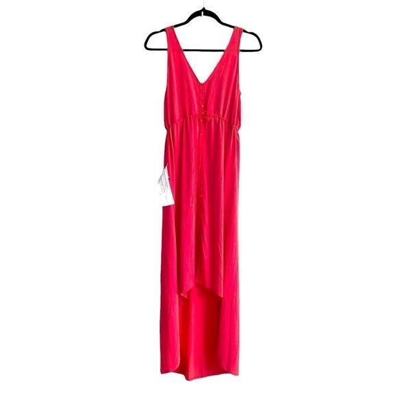 BCBGMAXAZRIA Sleeveless Button Front High Low Midi Dress Red S - Picture 4 of 9